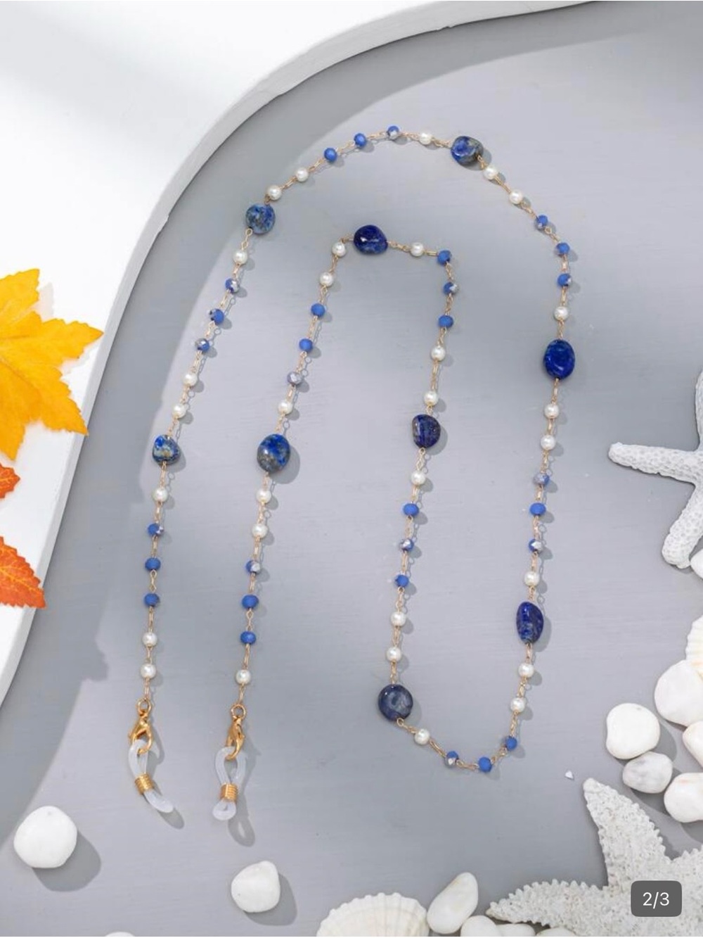 Pearl and blue stone Beaded Eyewear Chain - Blue & White